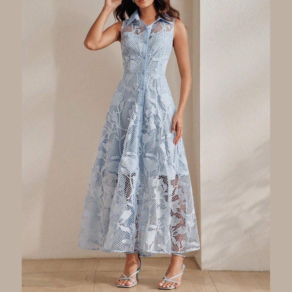 Sky Blue Open Crochet Lace Sleeveless Button Front Collared Maxi Dress